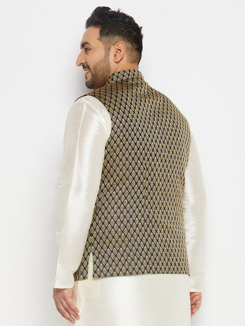 Vastramay Men's Plus Size Black and Gold Jacquard Nehru Jacket
